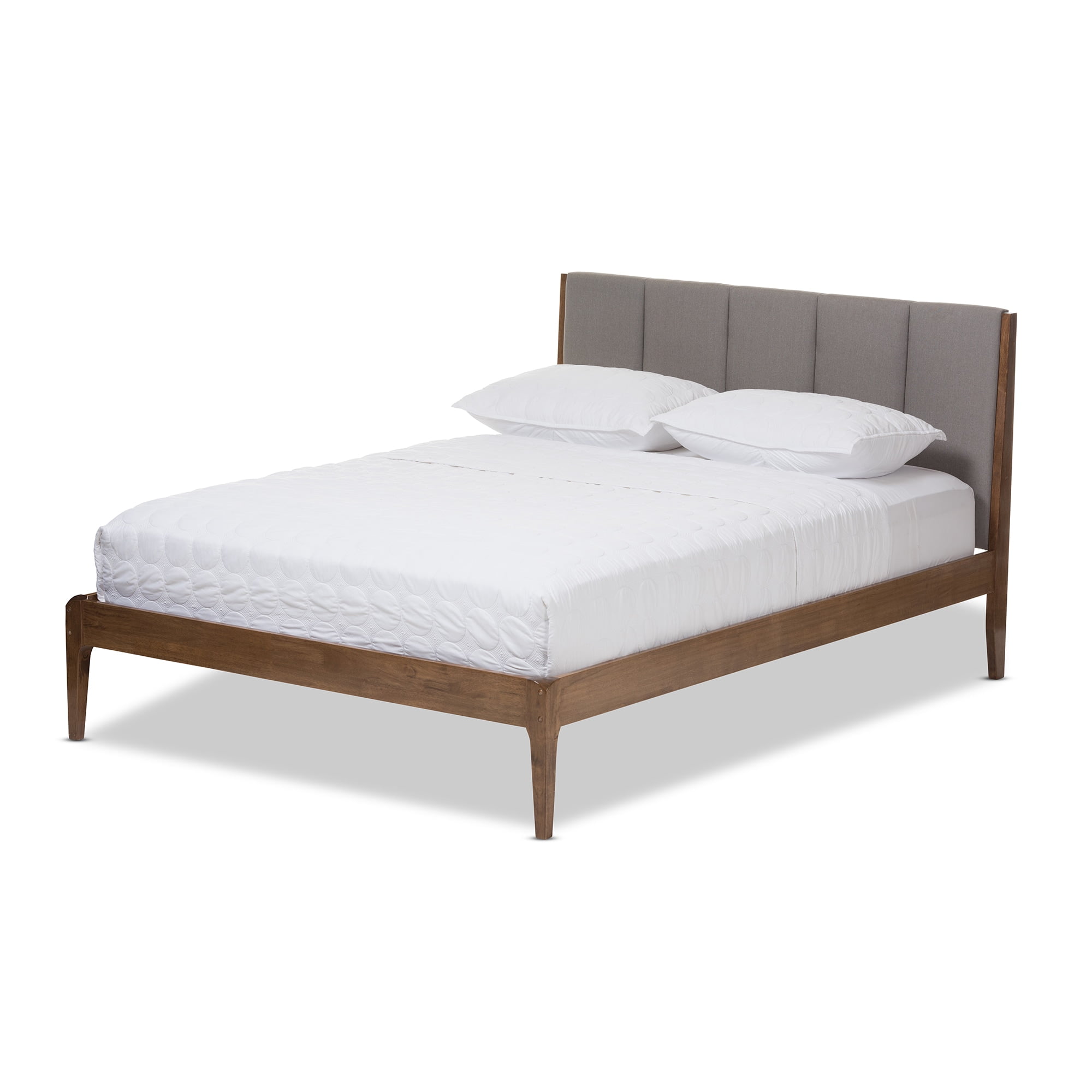 Walnut Brown Queen Upholstered Wood Platform Bed with Tufted Headboard