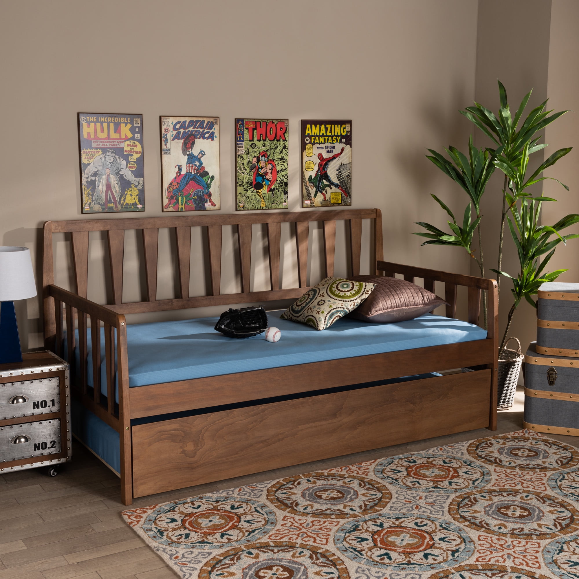 Baxton Studio Midori Modern and Contemporary Transitional Walnut Brown Finished Wood Twin Size Daybed with Roll-Out Trundle Bed