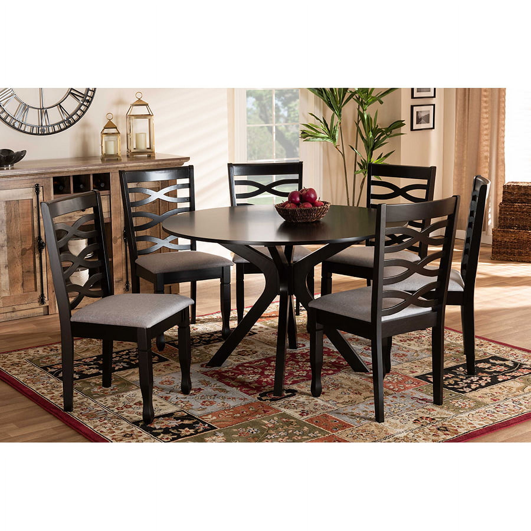 Mila 7-Piece Dark Brown Wood Dining Set with Grey Upholstered Chairs