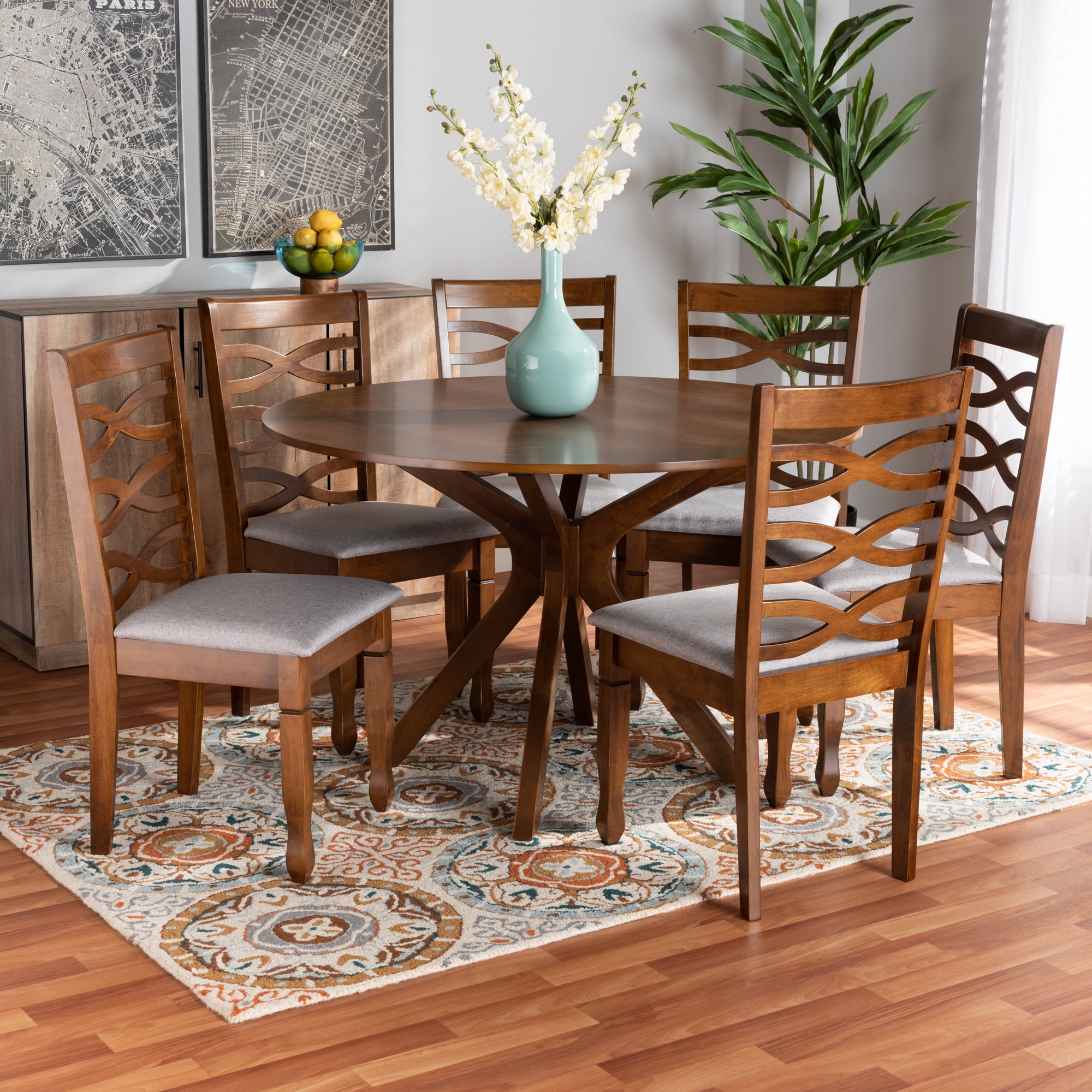 Baxton Studio Mila Modern and Contemporary Grey Fabric Upholstered and Walnut Brown Finished Wood 7-Piece Dining Set Sansujyuku sansujyuku.com