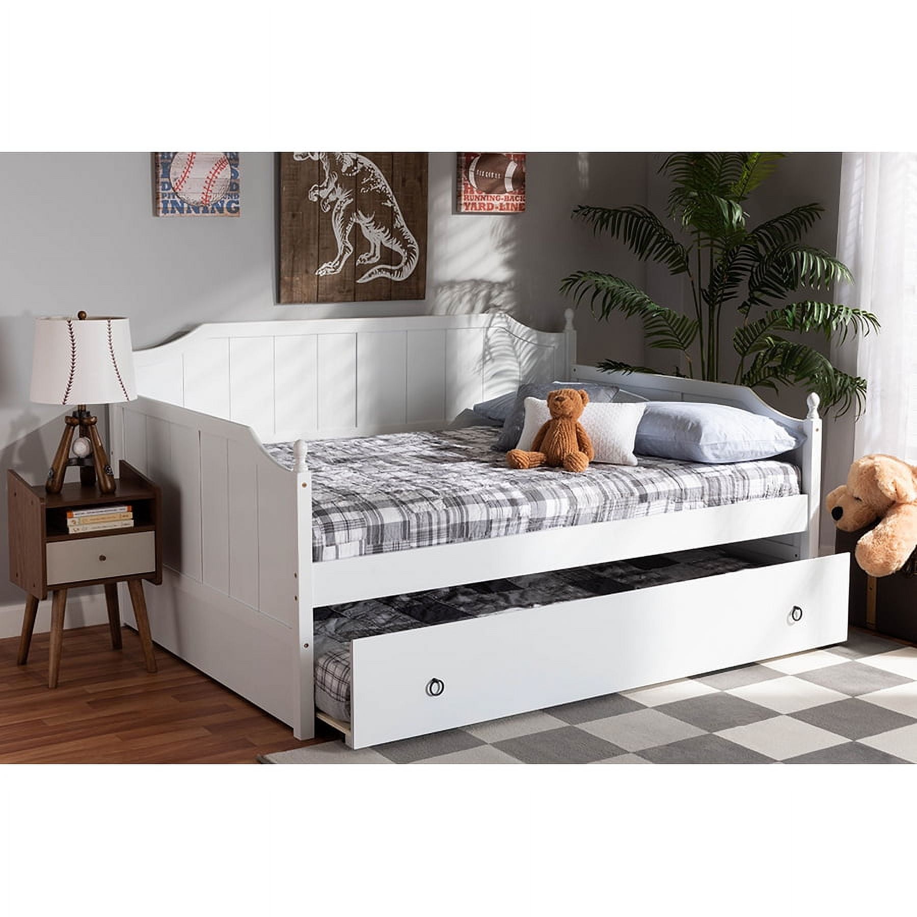 White Wood Full Size Daybed with Trundle and Tufted Upholstery