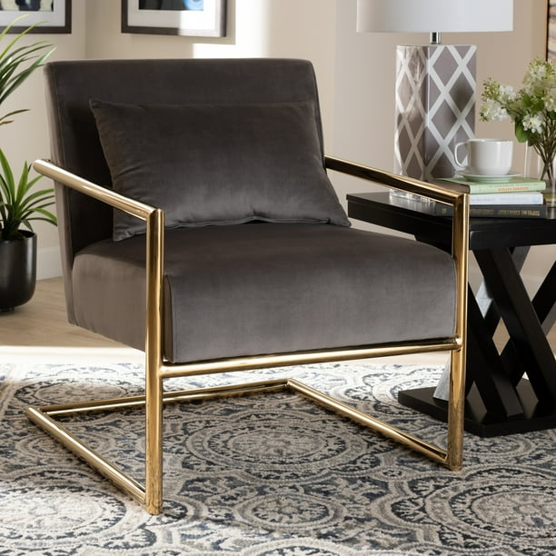 Baxton Studio Mira Glam Velvet Polyester Wood Foam Solid Print Non-Tufted Accent Chair, Gray/Gold