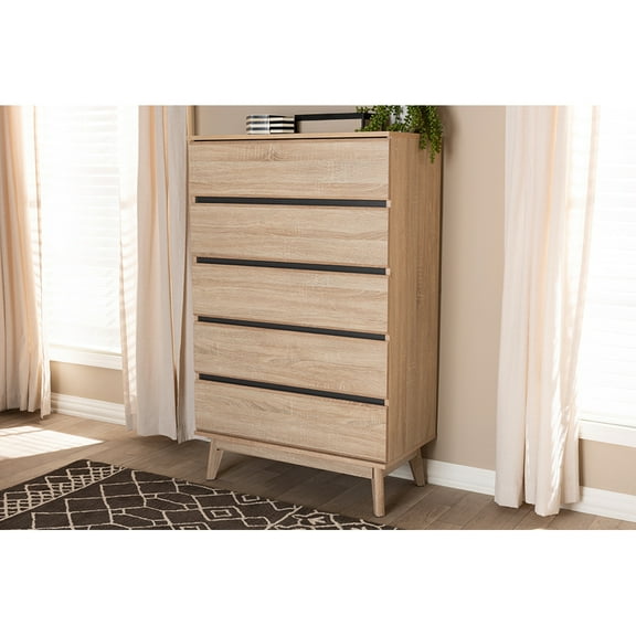 Baxton Studio Miren Mid-Century Modern Light Oak and Dark Grey 5-Drawer Chest