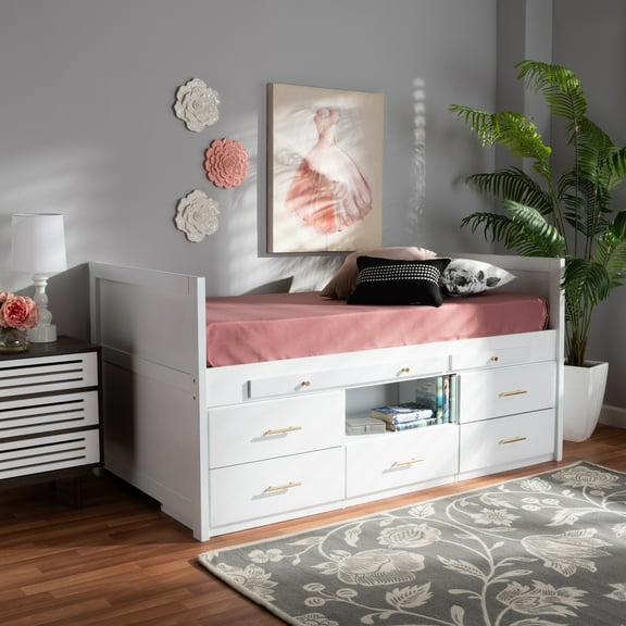 Baxton Studio Mirza Modern and Contemporary White Finished Wood 5-Drawer Twin Size Storage Bed with Pull-Out Desk