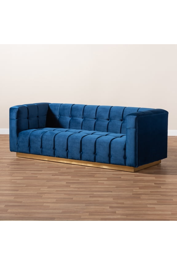 Loreto Glam and Luxe Navy Blue Velvet Fabric Upholstered Brushed Gold Finished Sofa
