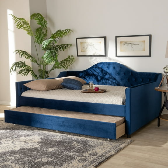 Baxton Studio Modern Solid Rubberwood Upholstered Queen Daybed with Pull-out Trundle Royal Blue