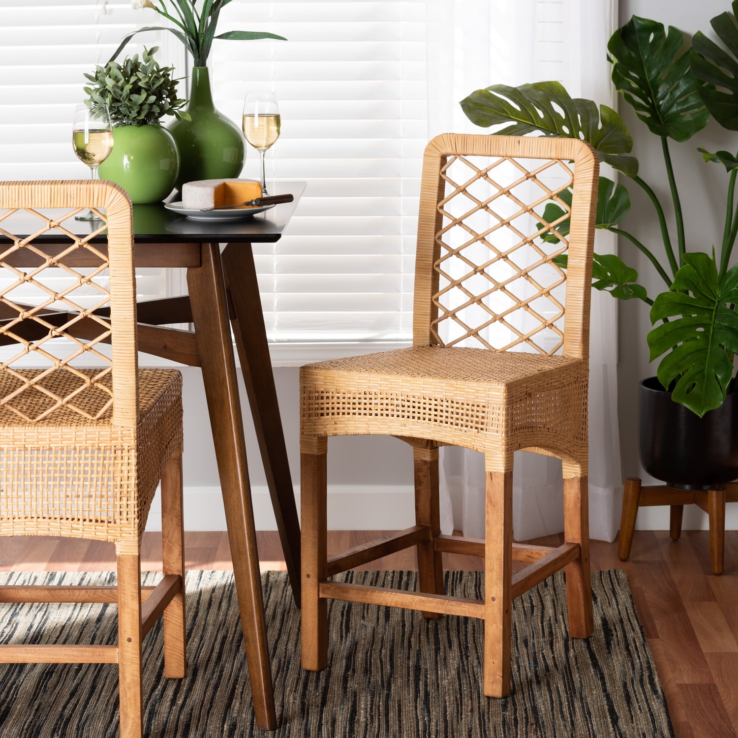 Moscow Natural Rattan and Mahogany Wood Counter Stool