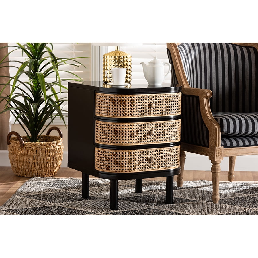 Nabila Black Bayur Wood and Natural Rattan 3-Drawer Nightstand