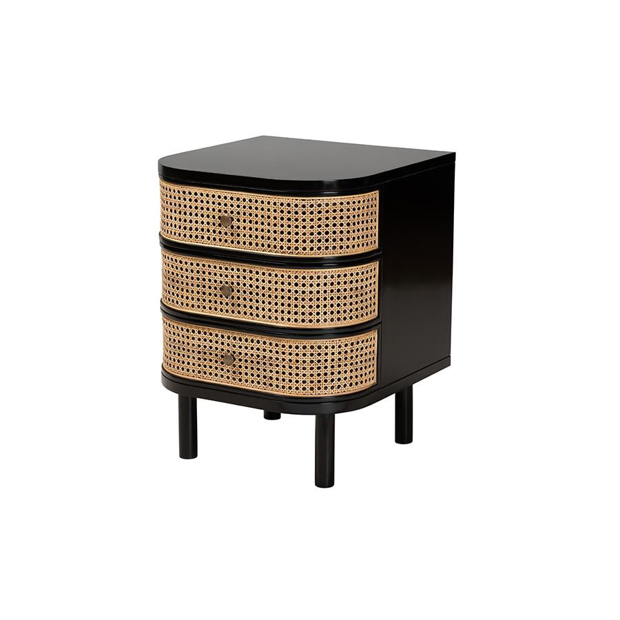 Nabila Black Bayur Wood and Natural Rattan 3-Drawer Nightstand