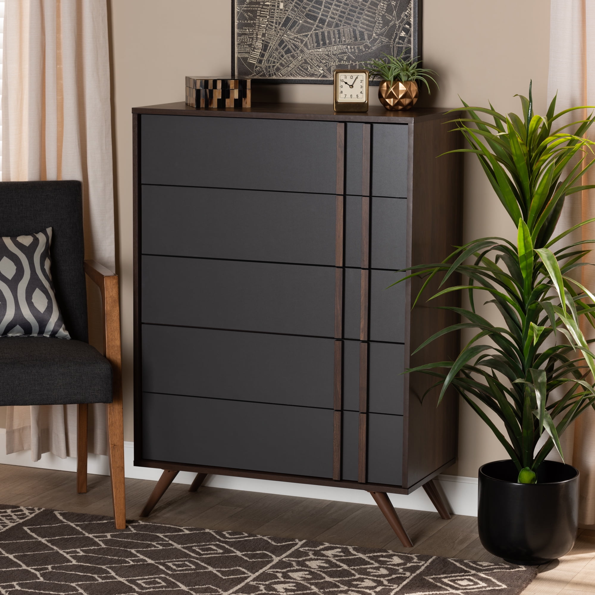 Baxton Studio Naoki Modern and Contemporary Two Tone Grey and Walnut Finished Wood 5 Drawer Bedroom Chest Brown