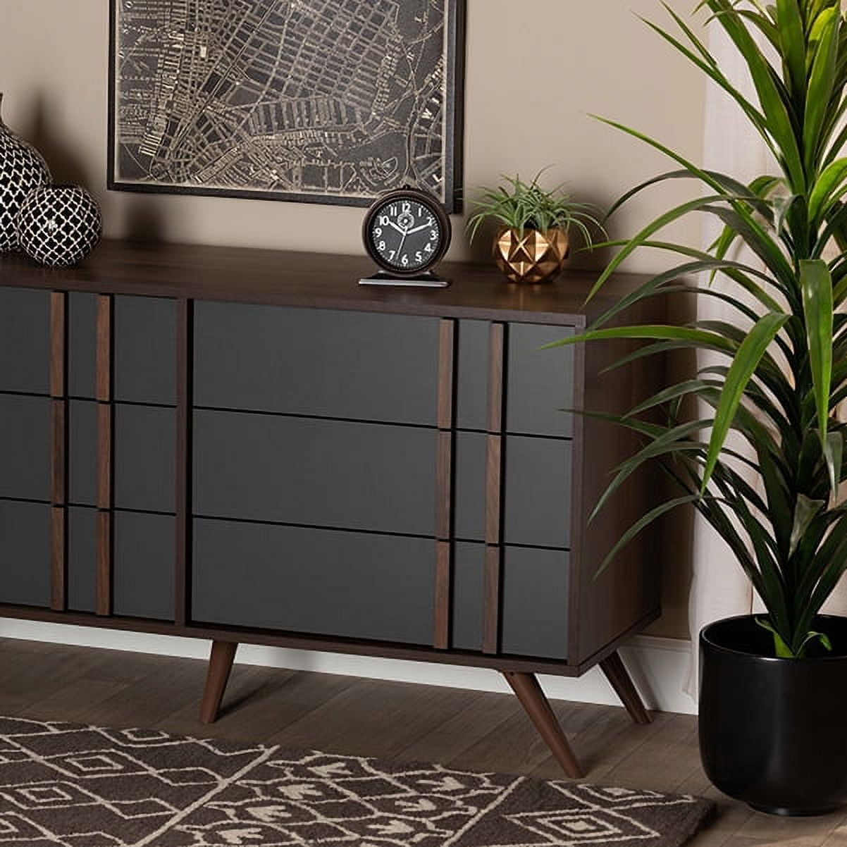 Naoki Two-Tone Gray and Walnut 6-Drawer Wood Dresser