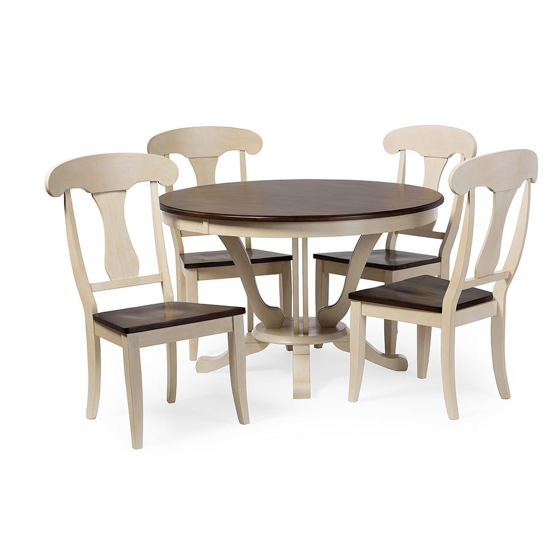 Napoleon Chic Country Cottage Antique Oak Wood and Distressed White 5-Piece Dining Set with 48-Inch Round Pedestal Base Fixed Top Dining Table Brown/White