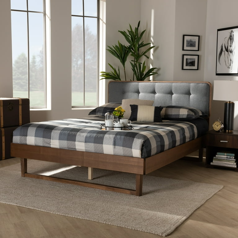 Baxton Studio Rina Modern and Contemporary Dark Grey Fabric Upholstered and Ash Walnut Brown Finished Wood Queen Size Platform Bed Baxton Studio Rina Modern and Contemporary Dark Grey Fabric Upholstered and Ash Walnut Brown Finished Wood Queen Size Platform Bed