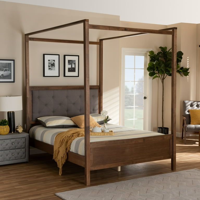 Baxton Studio Natasha Modern and Contemporary Grey Fabric Upholstered and Walnut Brown Finished Wood King Size Platform Canopy Bed Baxton Studio Natasha Modern and Contemporary Grey Fabric Upholstered and Walnut Brown Finished Wood King Size Platform Canopy Bed