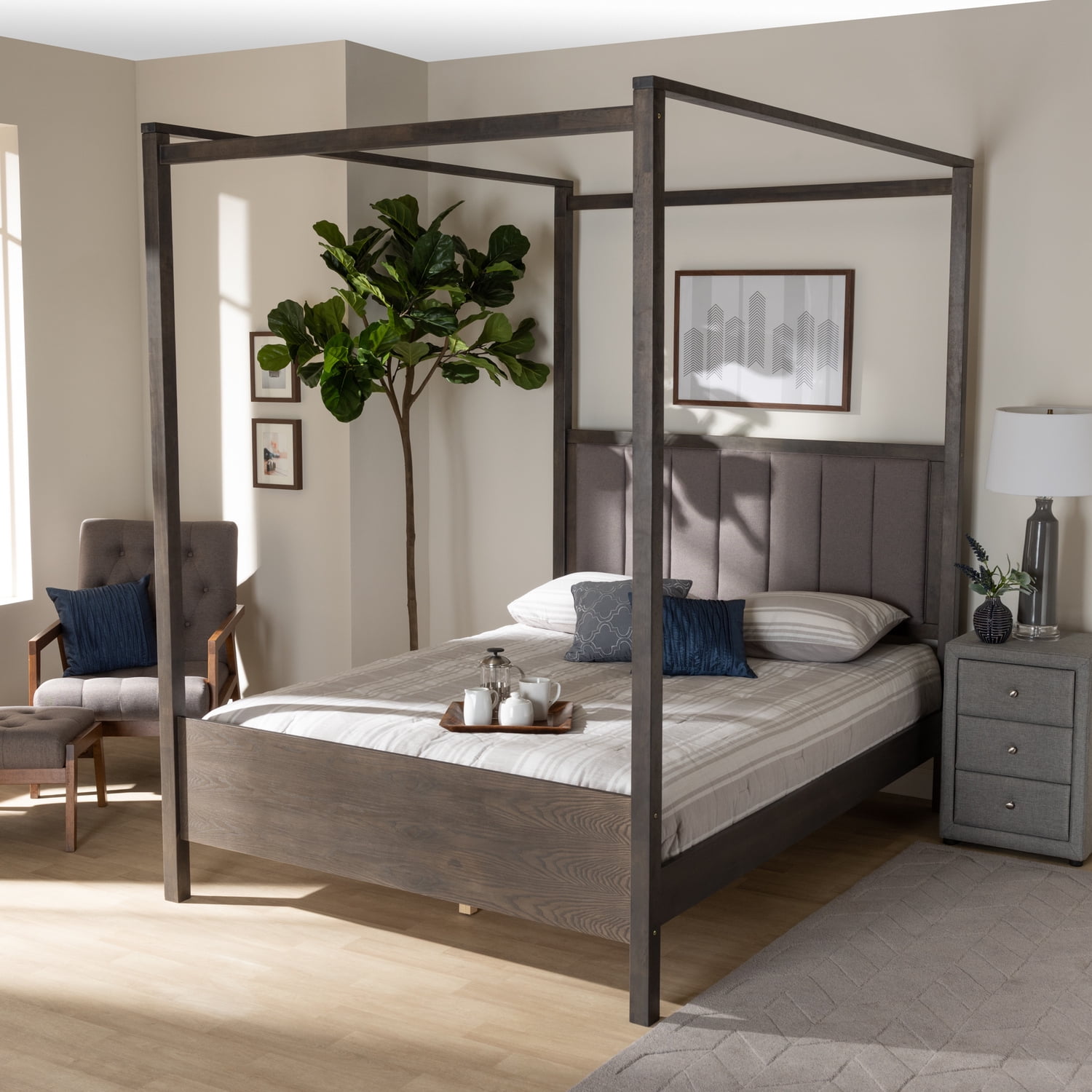 Natasha King Size Dark Grey Oak and Grey Fabric Tufted Platform Canopy Bed