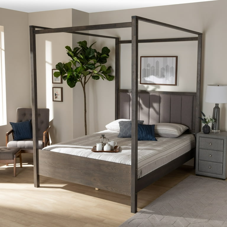 Baxton Studio Natasha Modern and Contemporary Grey Fabric Upholstered and Dark Grey Oak Finished Wood King Size Platform Canopy Bed Baxton Studio Natasha Modern and Contemporary Grey Fabric Upholstered and Dark Grey Oak Finished Wood King Size Platform Canopy Bed