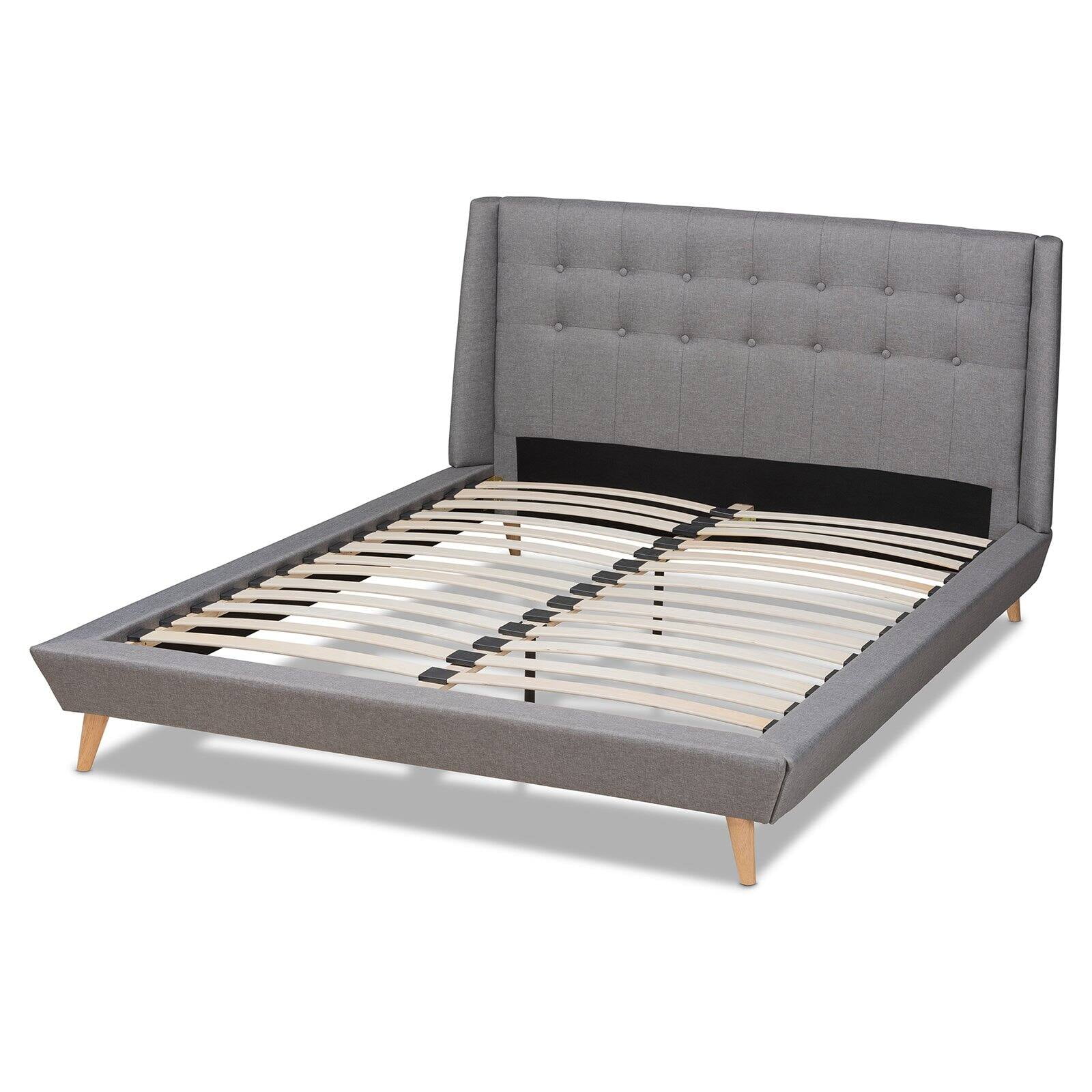 Naya King-Size Grey Tufted Wingback Upholstered Bed with Oak Legs