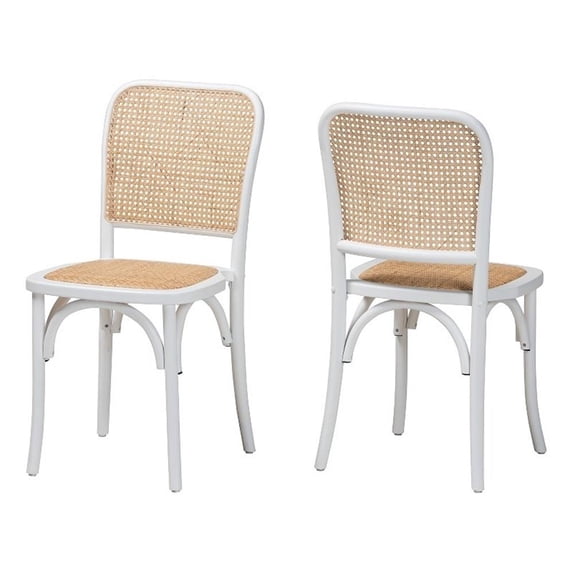 Baxton Studio Neah Japandi White Wood and Natural Rattan 2-Piece Dining Chair Set