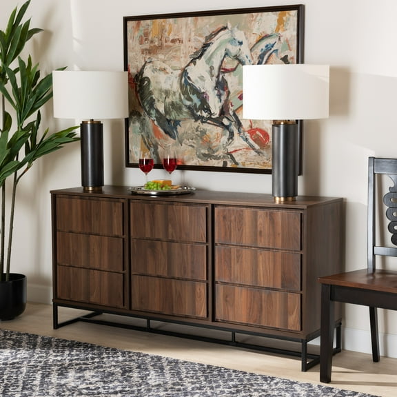 Baxton Studio Neil Modern and Contemporary Walnut Brown Finished Wood and Black Finished Metal 3-Door Dining Room Sideboard Buffet