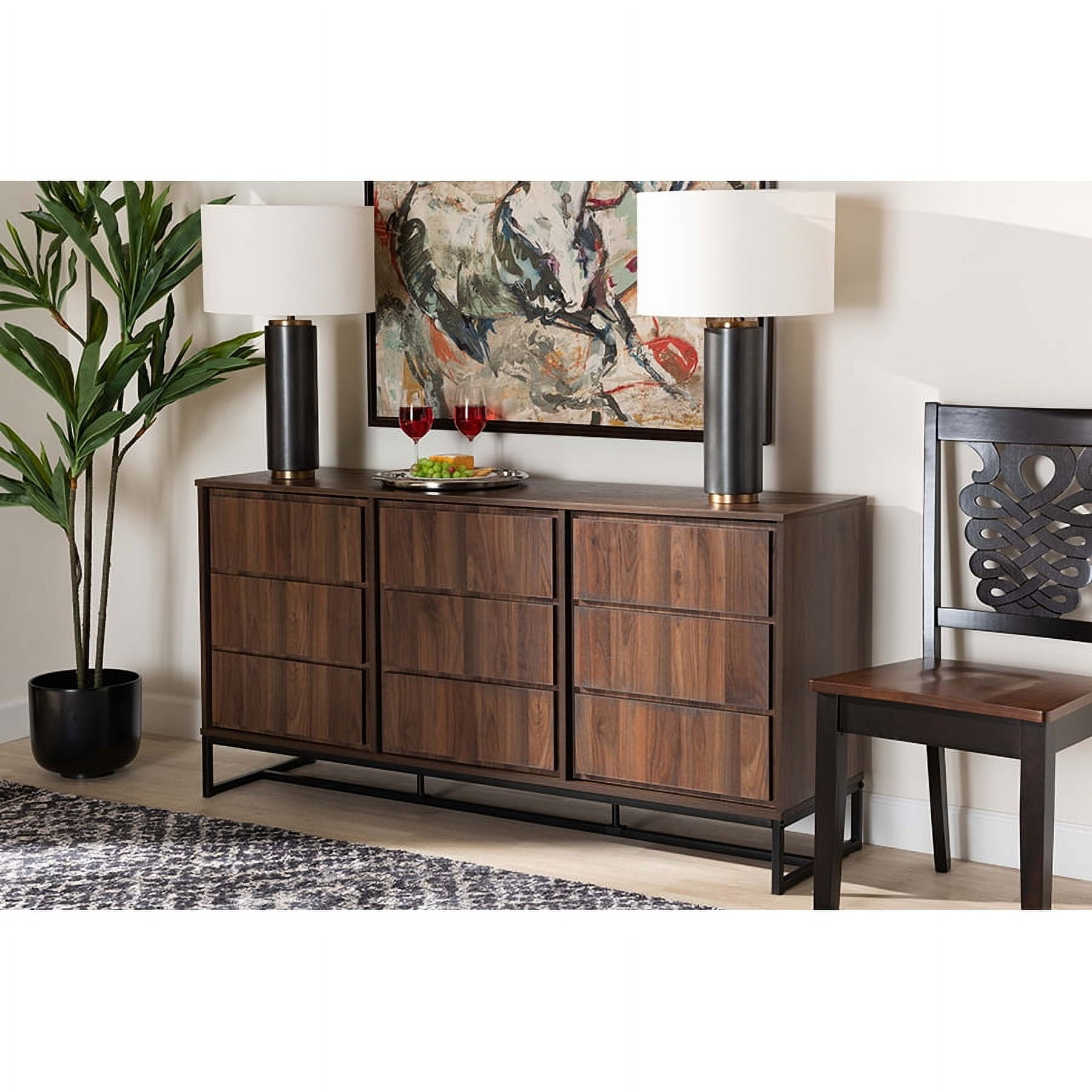 Neil Walnut Brown and Black Metal 3-Door Dining Sideboard