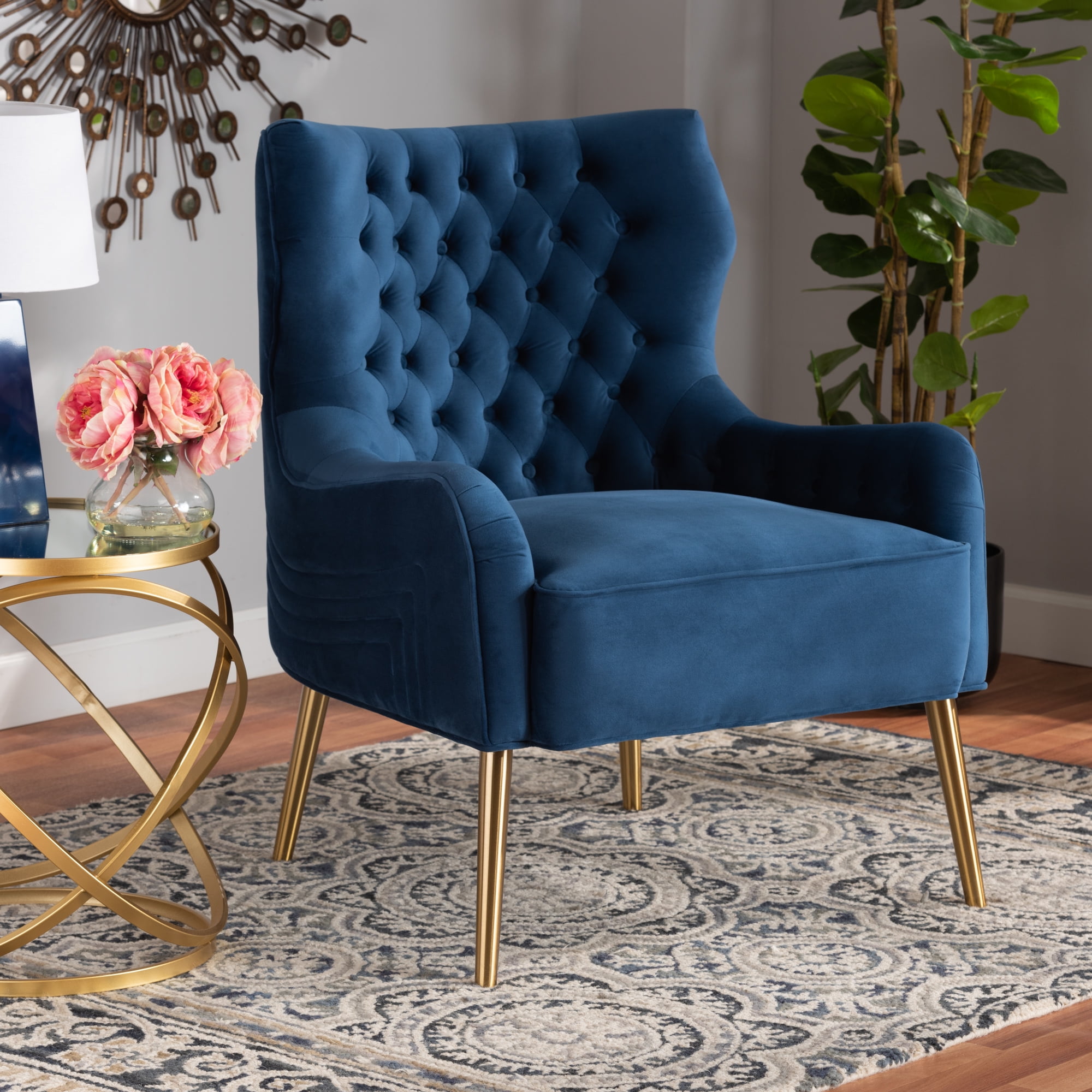 Baxton Studio Nelson Wingback Chair Navy Blue and Gold