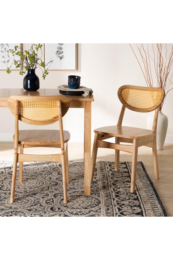 Nenet Mid-Century Modern Oak Brown Finished Wood and Rattan 2-Piece Dining Chair Set