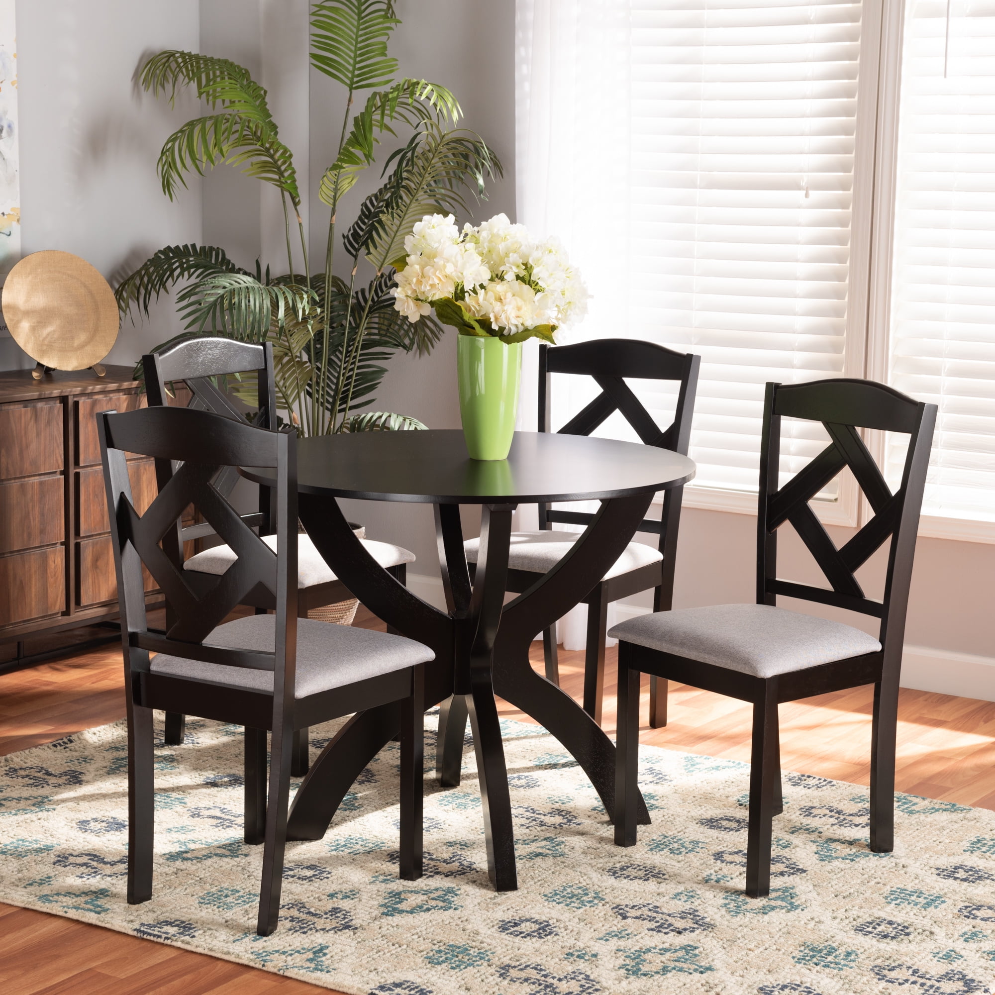Baxton Studio Nesa Modern Transitional Grey Fabric Upholstered and Dark Brown Finished Wood 5-Piece Dining Set