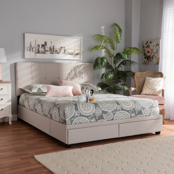 Baxton Studio Netti Beige Fabric Upholstered 2-Drawer King Size Platform Storage Bed