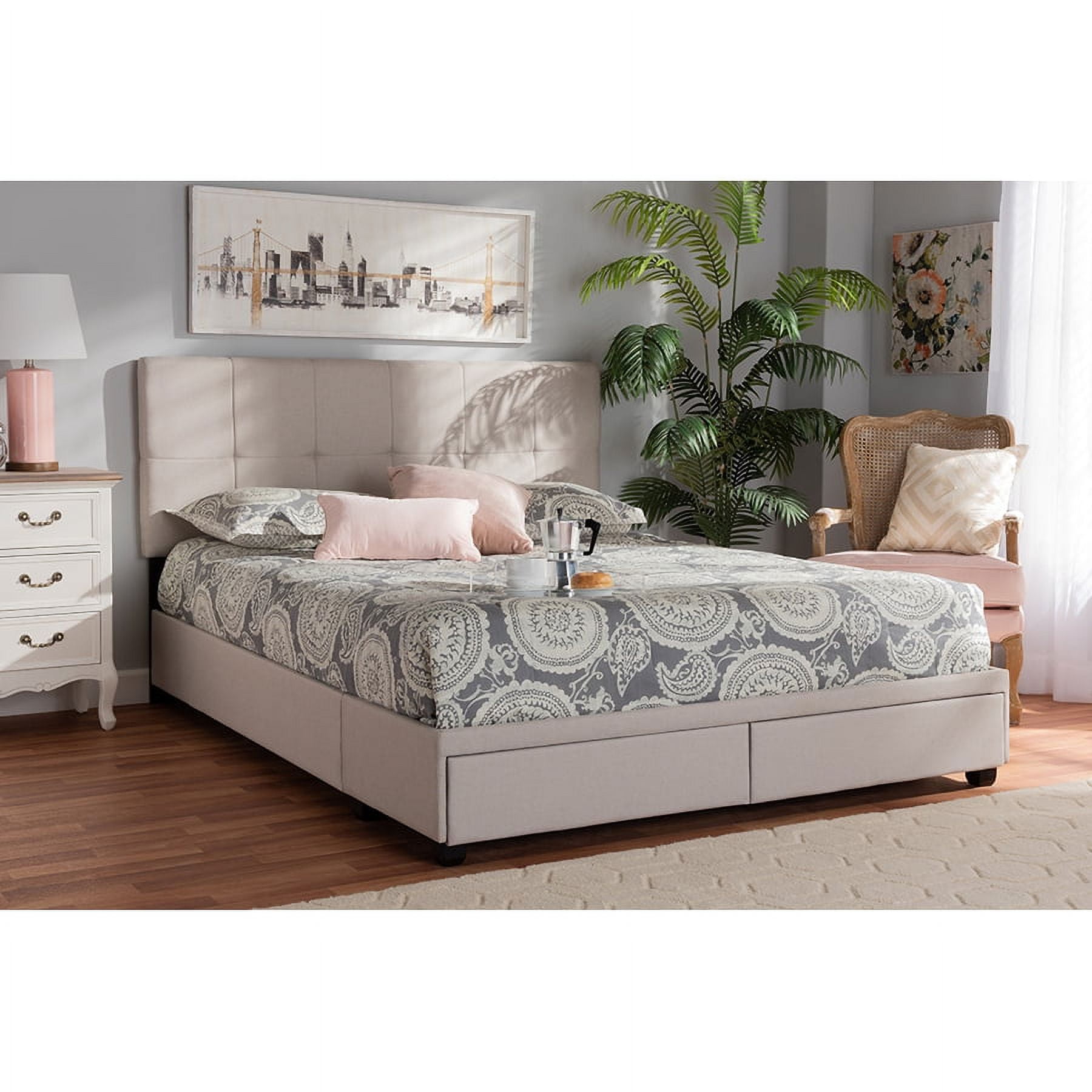 Elegant Beige Linen Queen Storage Bed with Biscuit Tufting