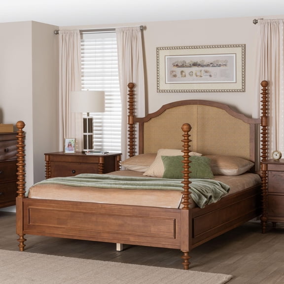 Baxton Studio Neviah Farmhouse Four-Poster Bed, Queen, Walnut Brown