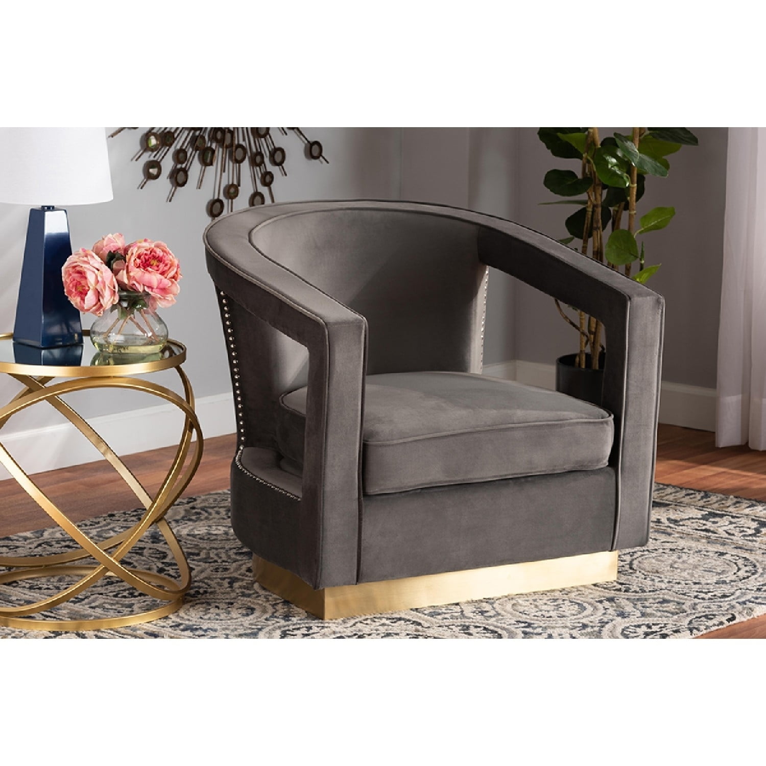Elegant Grey Velvet Barrel Accent Chair with Gold Metal Base