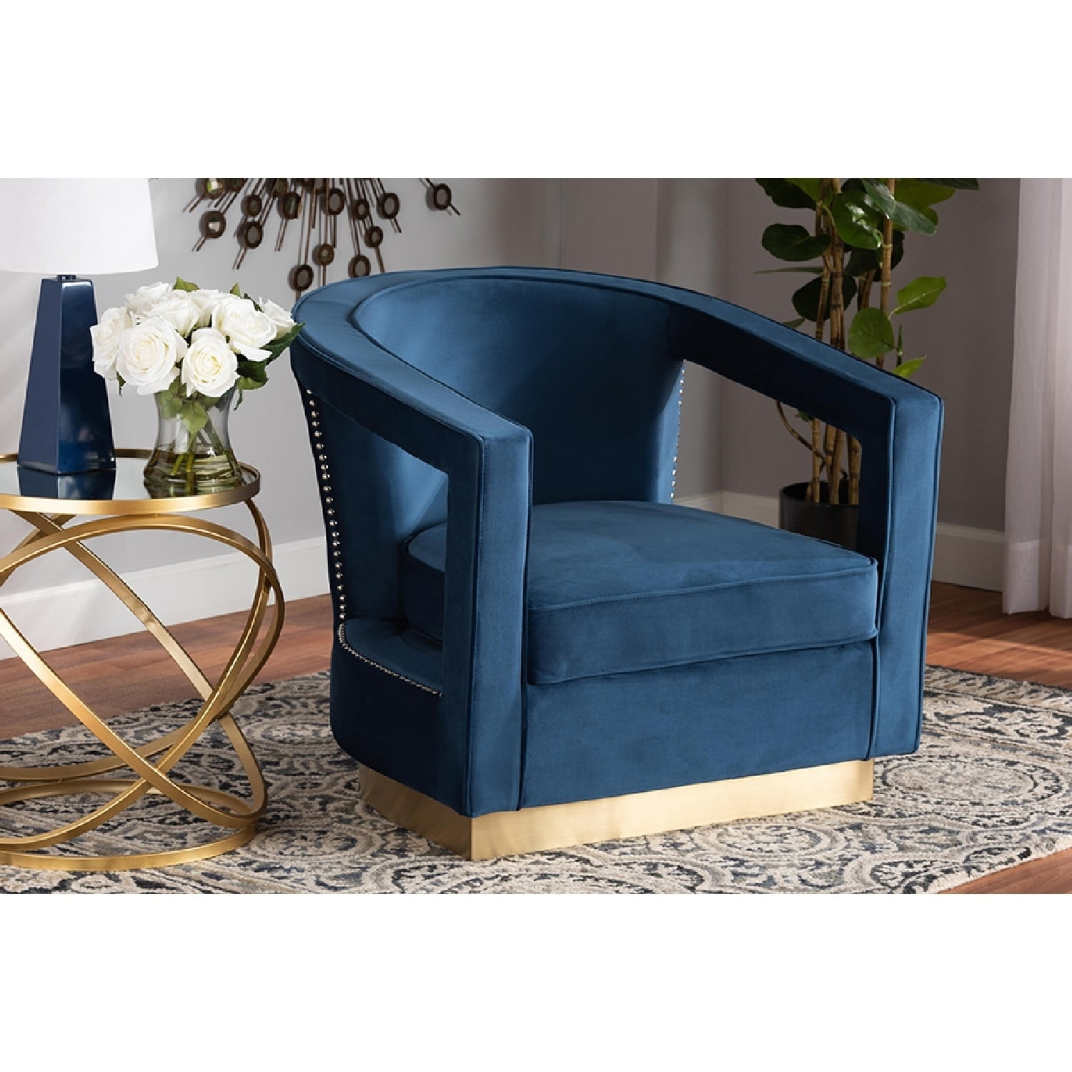 Neville Navy Blue Velvet Barrel Accent Chair with Gold Base