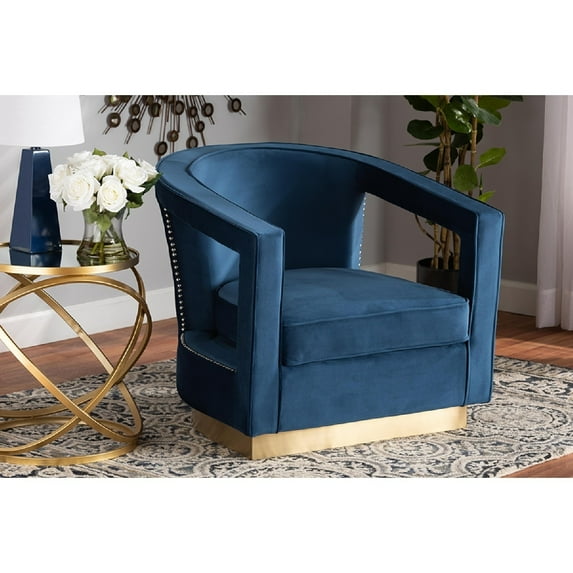 Baxton Studio Neville Modern Luxe and Glam Navy Blue Velvet Fabric Upholstered and Gold Finished Metal Armchair