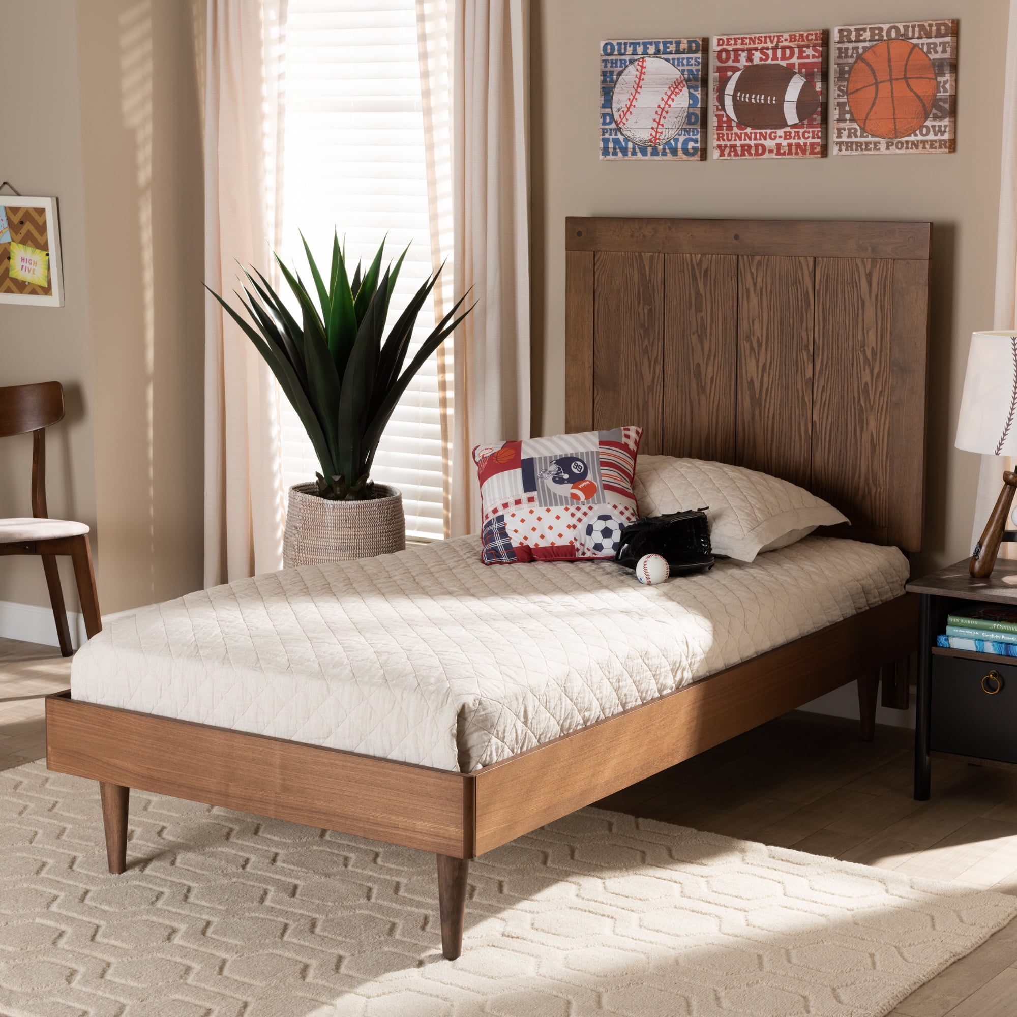 Baxton Studio Nicola Mid-Century Wood Back Support Platform Bed, Twin, Ash Walnut