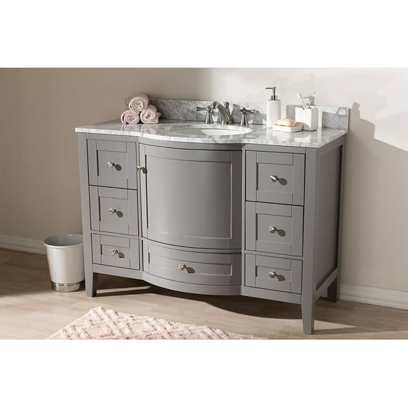 Baxton Studio Nicole 48-Inch Transitional Grey Finished Wood and Marble Single Sink Bathroom Vanity