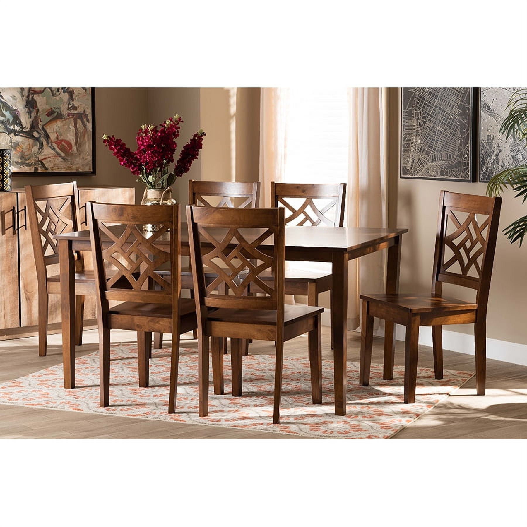 Nicolette Walnut Brown Wood 7-Piece Dining Set with Geometric Cut-Out Chairs