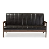 Baxton Studio Nikko Mid-century Modern Scandinavian Style Dark Brown Faux Leather Wooden 3-Seater Sofa