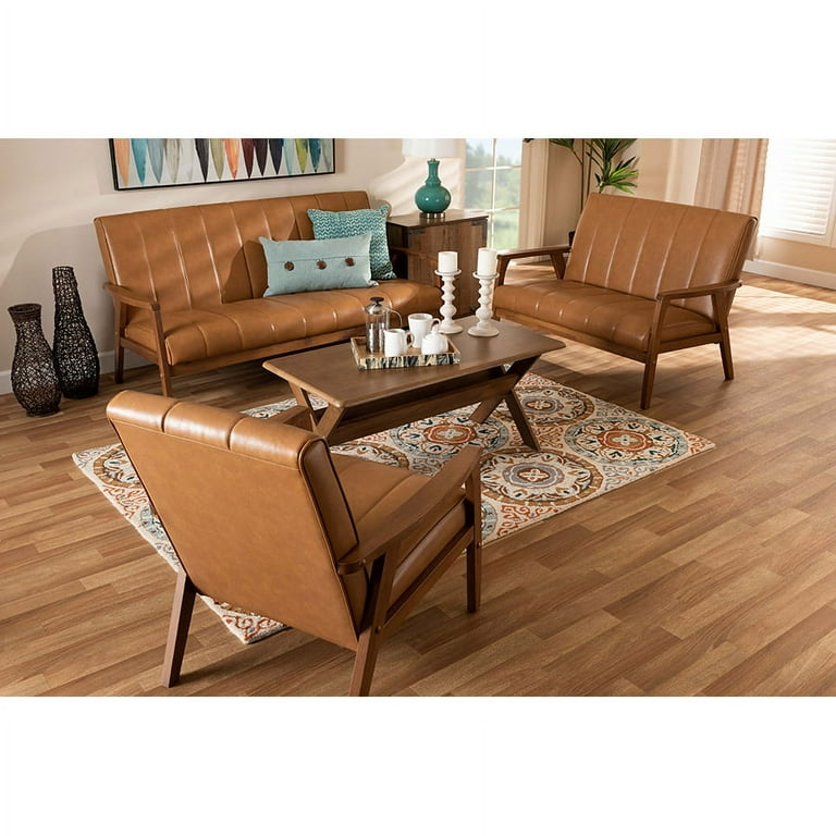 Baxton Studio Nikko Mid-century Modern Tan Faux Leather Upholstered and Walnut Brown finished Wood Sofa Baxton Studio Nikko Mid-century Modern Tan Faux Leather Upholstered and Walnut Brown finished Wood Sofa