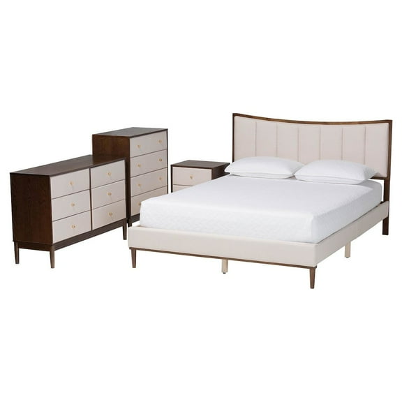 Baxton Studio Channel Tufted Beige Fabric and Wenge Brown Wood 4-Piece Queen Bedroom Set