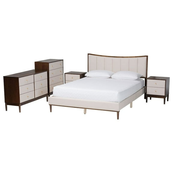 Baxton Studio Channel Tufted Beige Fabric and Wenge Brown Wood 5-Piece Queen Bedroom Set