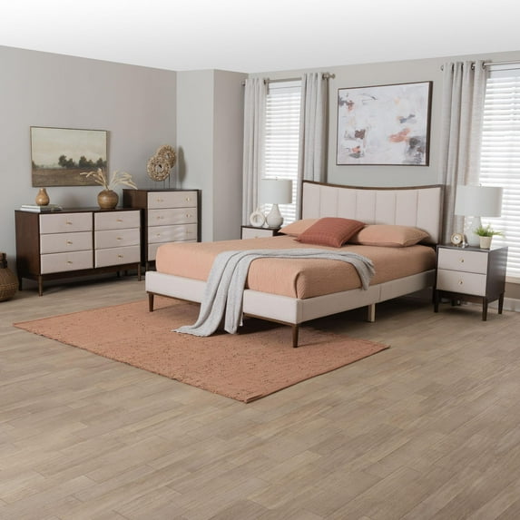 Baxton Studio Nikolai Mid-Century Bedroom Set, Queen, Beige