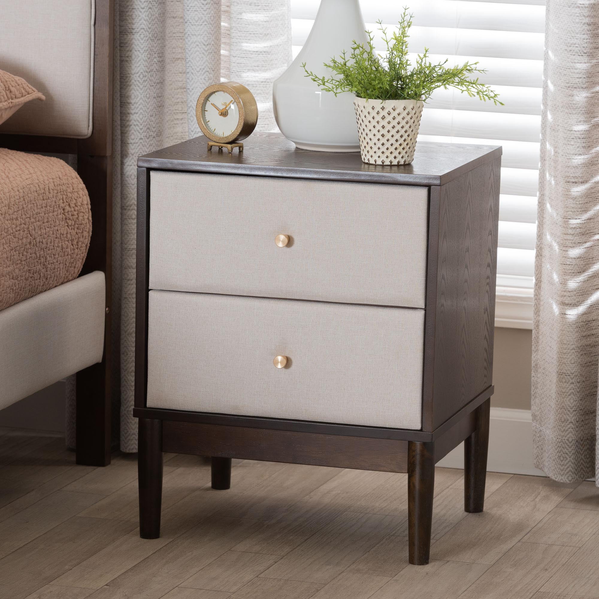 Baxton Studio Nikolai Mid-Century Nightstand, 2-Drawer, Beige