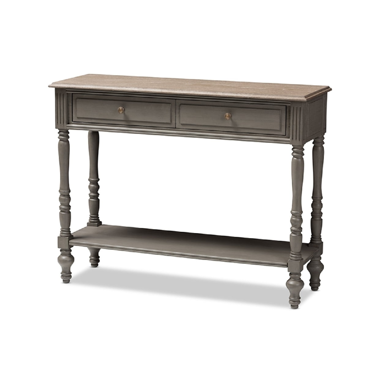 Country Cottage Farmhouse Brown 2-Drawer Console Table with Shelf