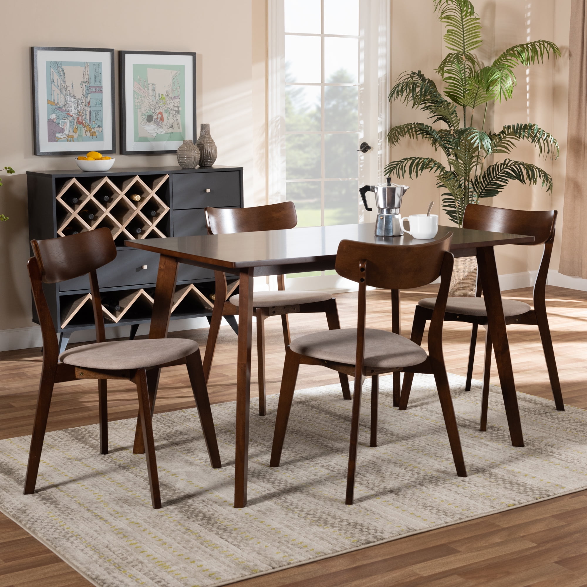 Baxton Studio Nori Mid-Century Dining Set, 5-Piece, Walnut