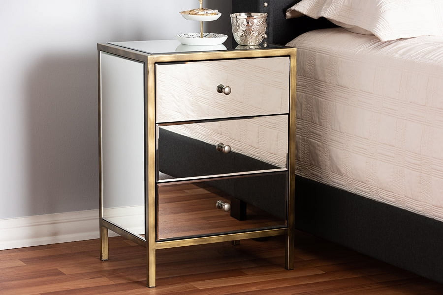 Nouria Antique Brass Trim Mirrored 3-Drawer Nightstand - Silver