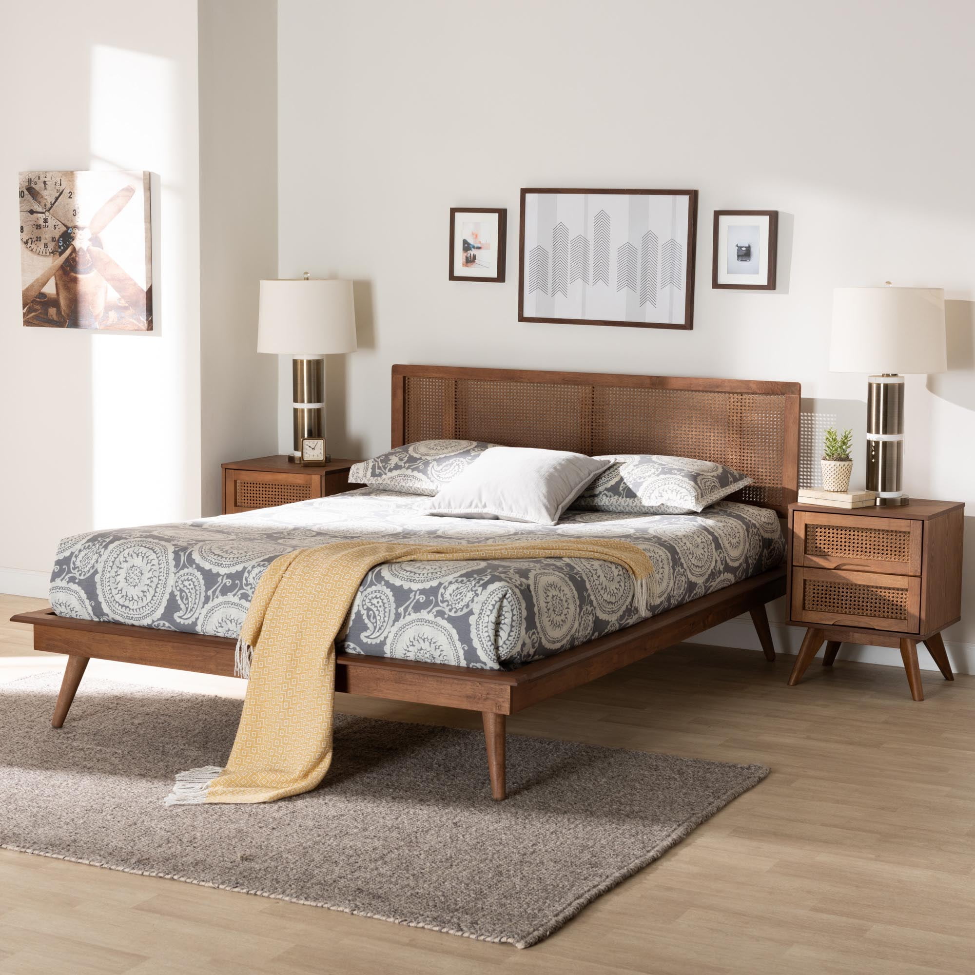 Baxton Studio Nura Mid-Century Modern Walnut Brown Finished Wood and Rattan Queen Size 3-Piece Bedroom Set