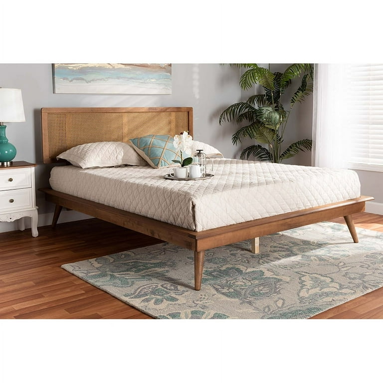 Baxton Studio Nura Mid-Century Modern Walnut Brown Finished Wood and Synthetic Rattan Full Size Platform Bed Baxton Studio Nura Mid-Century Modern Walnut Brown Finished Wood and Synthetic Rattan Full Size Platform Bed