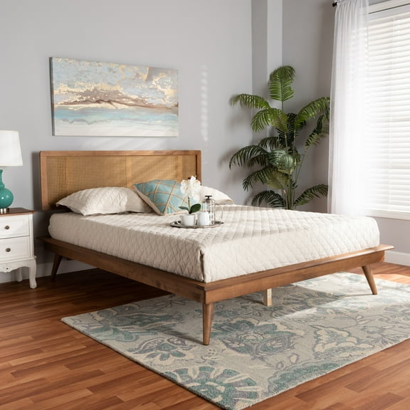 Baxton Studio Nura Mid-Century Modern Walnut Brown Finished Wood and Synthetic Rattan King Size Platform Bed