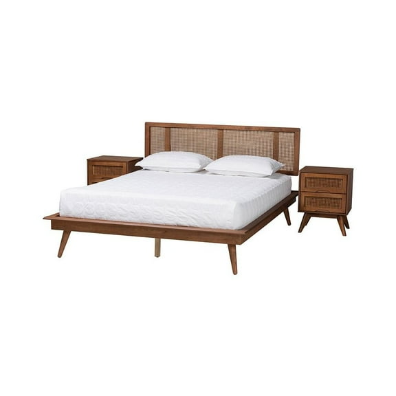 Baxton Studio Walnut Brown Finished Wood and Rattan Full Size 3-Piece Bedroom Set