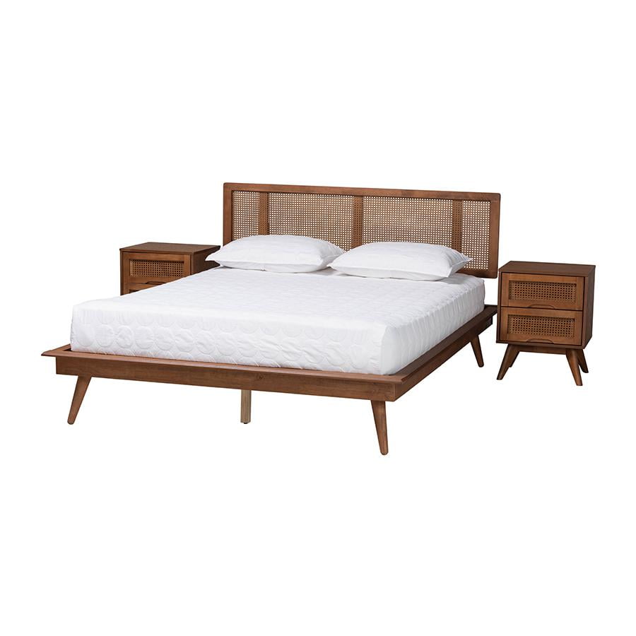 Walnut Brown Wood and Rattan King Size 3-Piece Bedroom Set